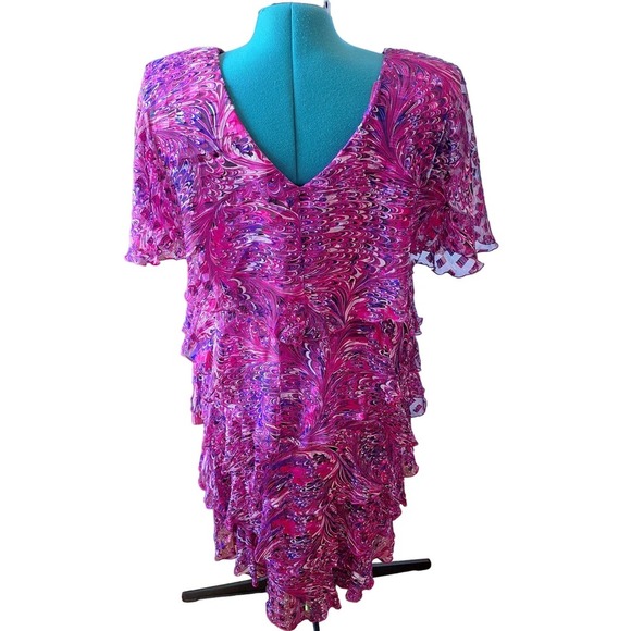 Vintage 70s/80s Hot Pink/Purple Swirl Ruffled Flutter Sleeve Dress Women Size L - Picture 5 of 10